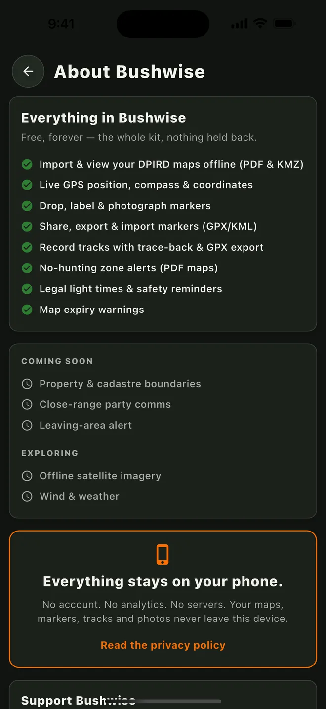 The About screen listing every free feature, with a card explaining that nothing leaves the device.
