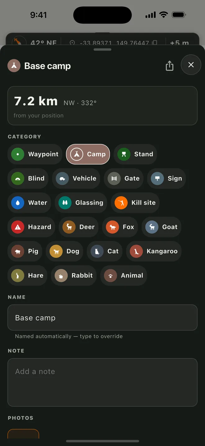 The marker sheet, showing the category picker with silhouettes for deer, fox, goat and pig alongside plain coloured pins.