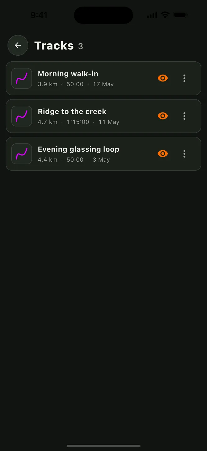 The saved-tracks list: three recorded walks, each showing distance, duration and date with a visibility toggle.